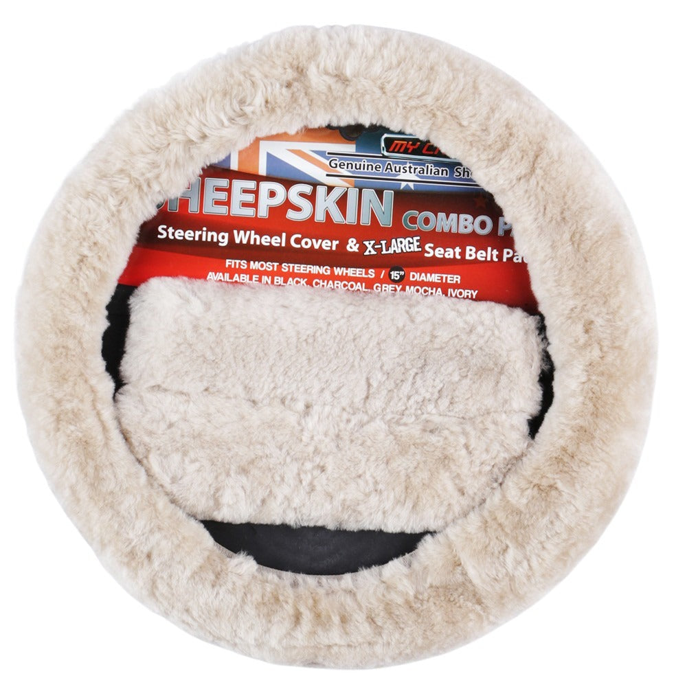 Luxury Mocha Sheepskin Steering Wheel Cover & Seat Belt Pad Set