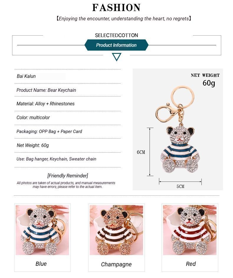 Red Stripe Crystal Bear Keychain Cute Alloy Keyring Gift 2-Pack