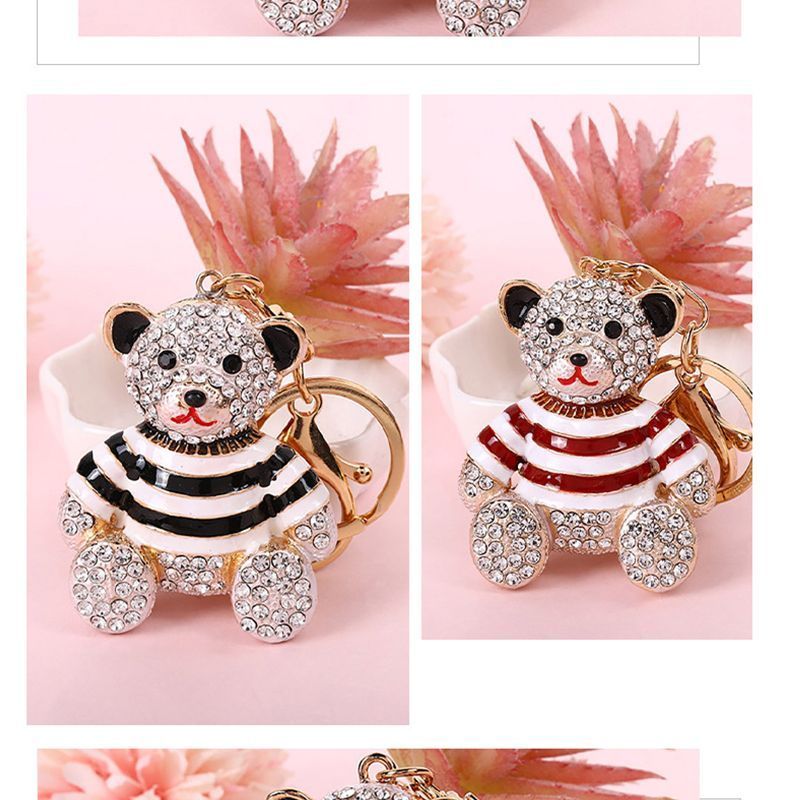 Red Stripe Crystal Bear Keychain Cute Alloy Keyring Gift 2-Pack