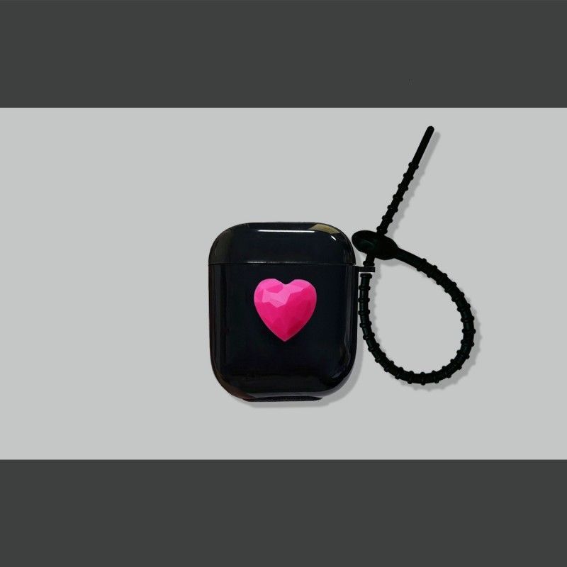 Rose Red Heart on Black Case + Black Wrist Strap AirPods 1/2