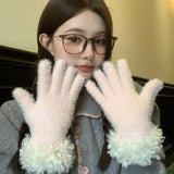 Women Winter Faux Mink Spliced Five-Finger Gloves Beige