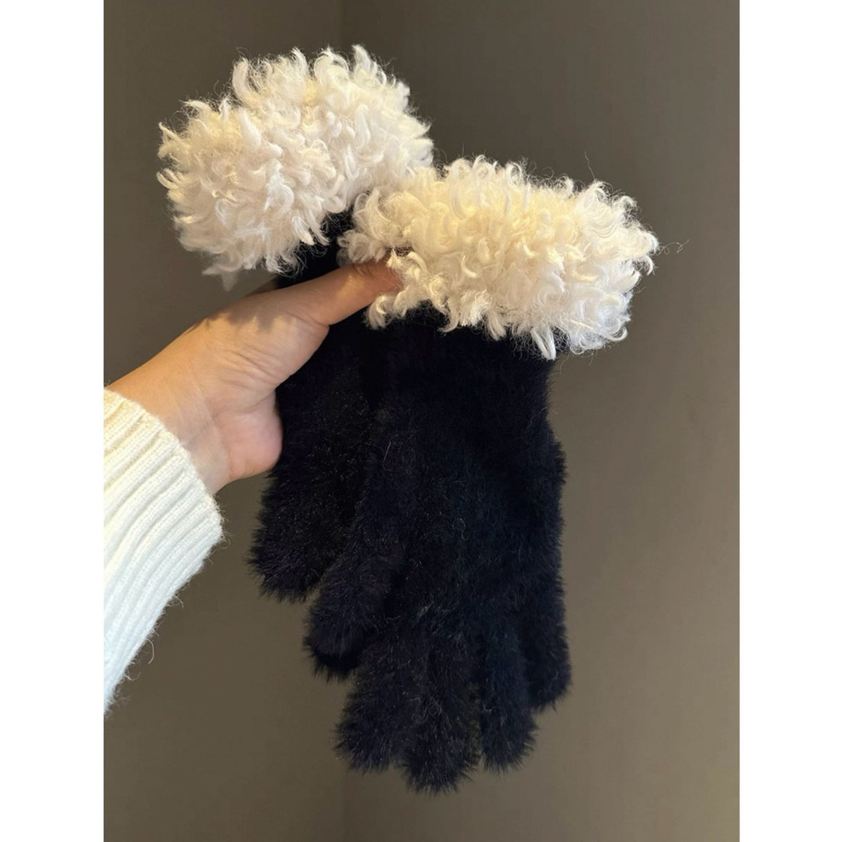 Women Winter Faux Mink Spliced Five-Finger Gloves Black