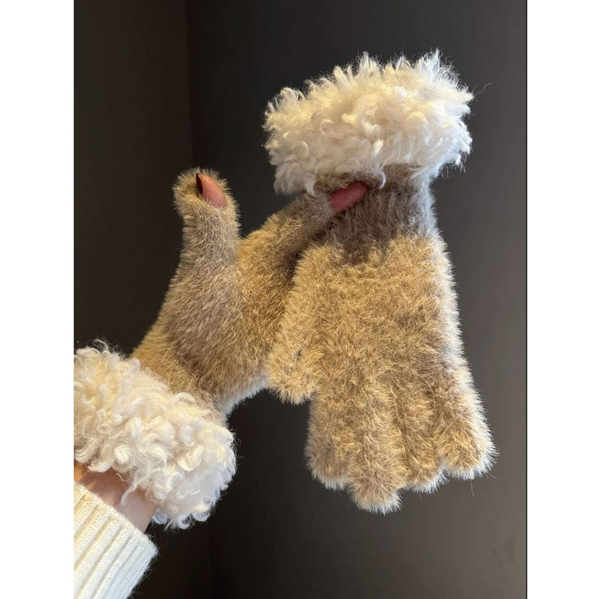 Women Winter Faux Mink Spliced Five-Finger Gloves Khaki