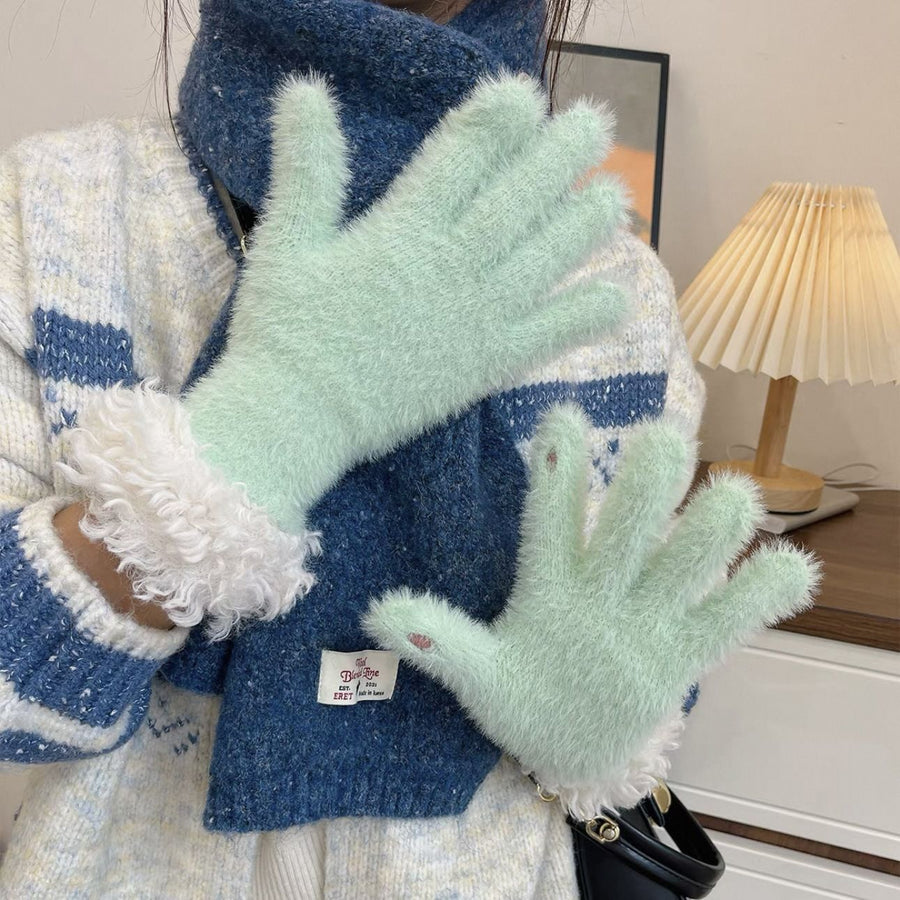 Women Winter Faux Mink Spliced Five-Finger Gloves Khaki