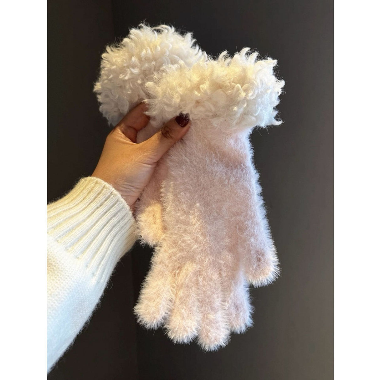 Women Winter Faux Mink Spliced Five-Finger Gloves Pink