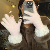 Women Winter Faux Mink Spliced Five-Finger Gloves Pink