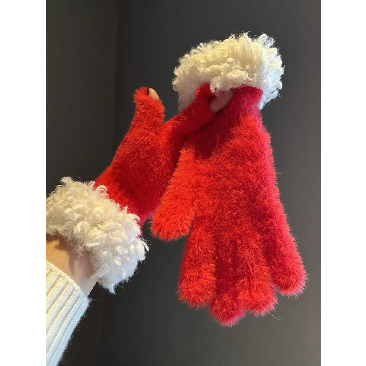 Women Winter Faux Mink Spliced Five-Finger Gloves Red