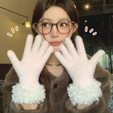 Women Winter Faux Mink Spliced Five-Finger Gloves Rose Red - Close-Up Angle