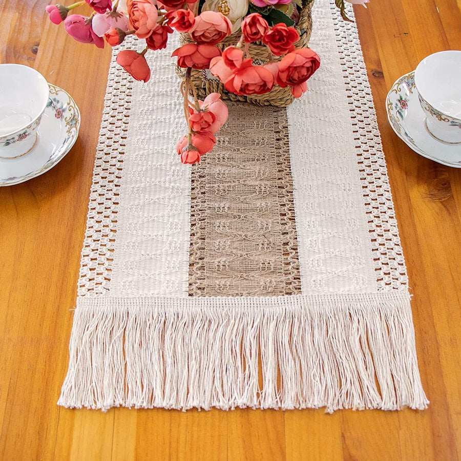 2-Pack Table Runner MX15, Red Grid Cotton Linen, With Tassels