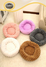 Plush Pet Bed, Pink Vertical Striped Round Nest, 40×40cm
