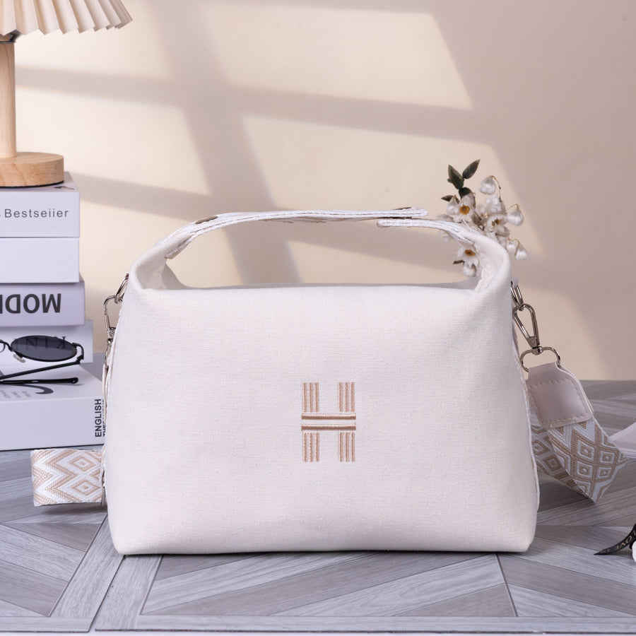 Women's Canvas Crossbody Bag, Webbing Strap-Off White
