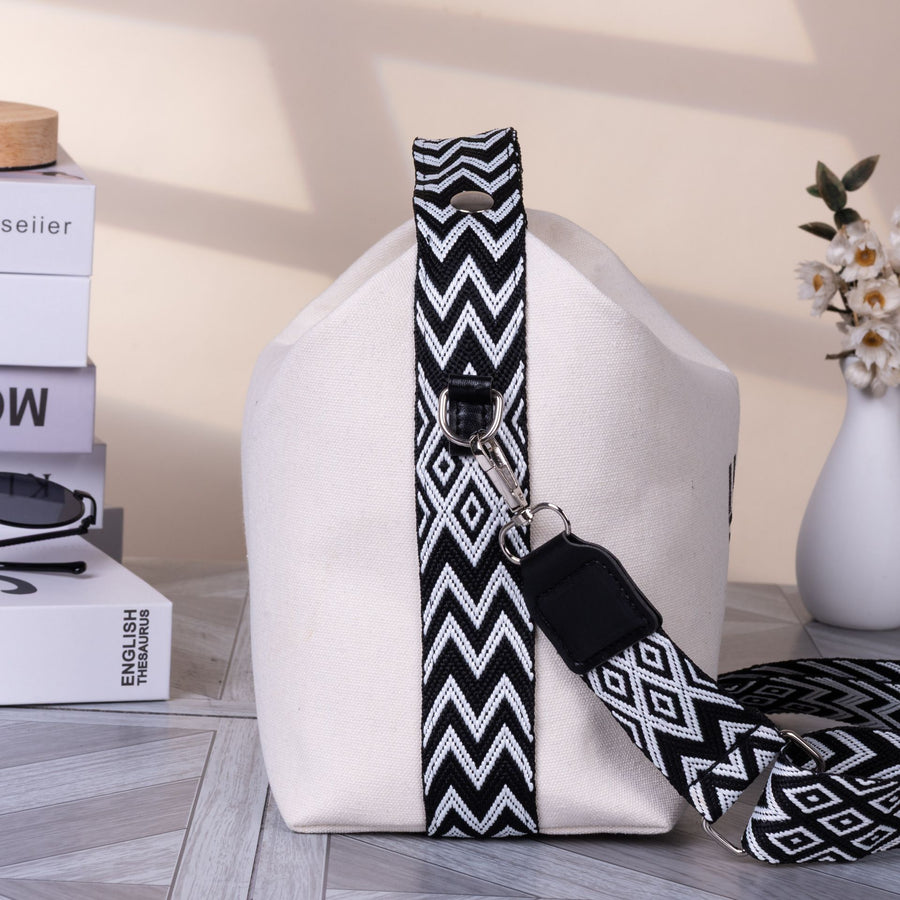 Women's Canvas Crossbody Bag, Webbing Strap-Off White