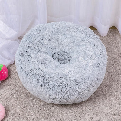 Thick Faux Fur Ring Cushion in Gradient Grey Ombre, 60cm Across, Machine Washable Round Pet Bed for Cat & Small Dog Lounging, Halloween Home