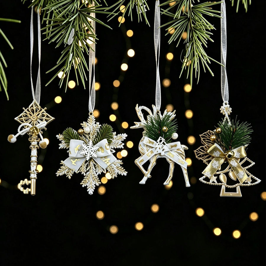12pk Mixed White Gold Xmas Tree Baubles All 4 Designs Pack