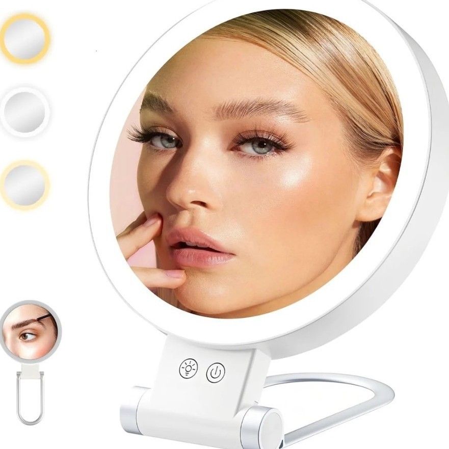 LED Lighted Makeup Mirror White 5X Magnifying Double Sided Foldable Portable Vanity Mirror for Bathroom Dressing Table