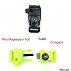 4pk Fluorescent Green Multi Survival Paracord Buckle Flint Whistle Compass