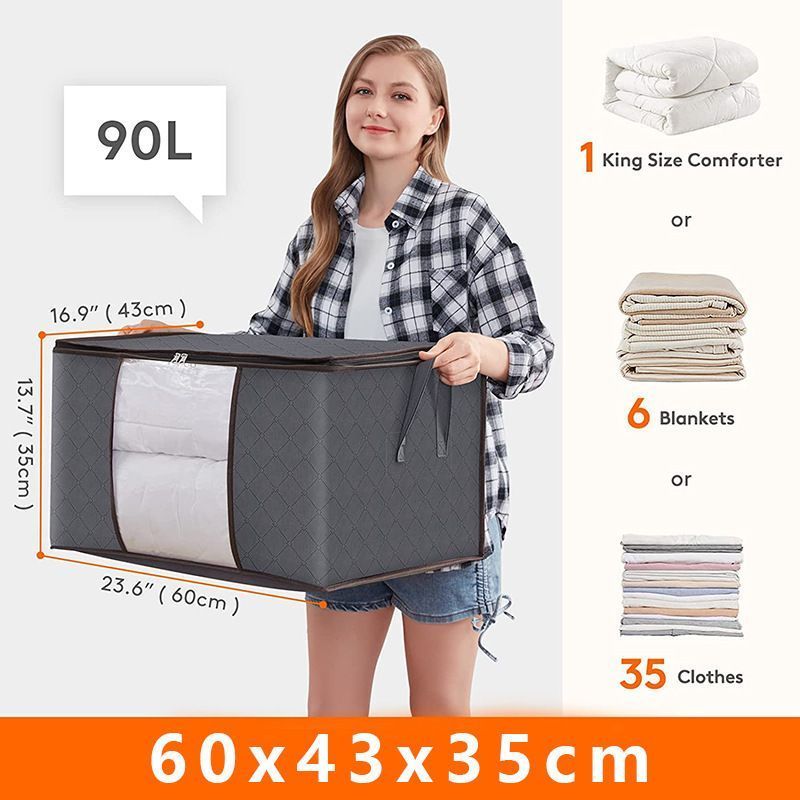 Large 84L Grey Clothing Storage Bag, Black Edge Black Zipper, Medium-Large Size For Quilts & Coats