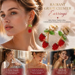 Pretty Clip On Fruit Dangles, Dual Clear Red Grapes Double Leaves Single Flower, Pair Set