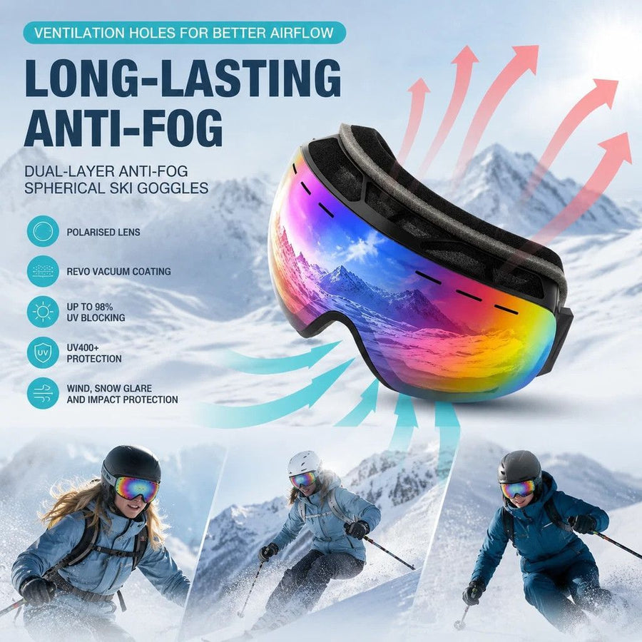 Sweet Outdoor Polarised Ski Goggles UV400, White Frame, Blue Coating Lens + Black White Strap