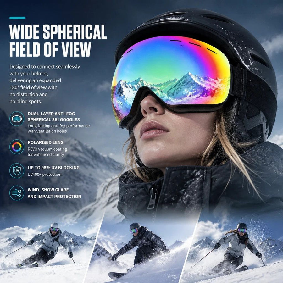 Sweet Outdoor Polarised Ski Goggles UV400, White Frame, Blue Coating Lens + Black White Strap