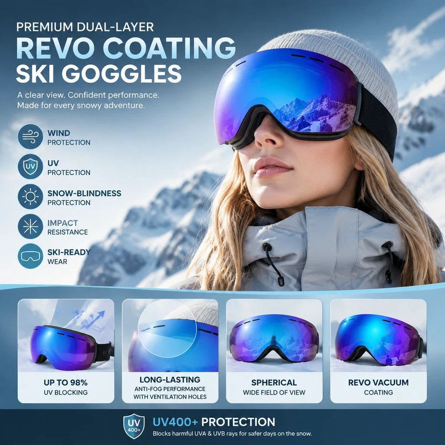 Sweet Outdoor Polarised Ski Goggles UV400, White Frame, Blue Coating Lens + Black White Strap
