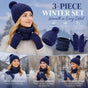 Premium Ski Travel Gift Fleece Lined Knit Hat 3 Set Navy, Snug Cold Weather Gear For Ski Mountain Trips