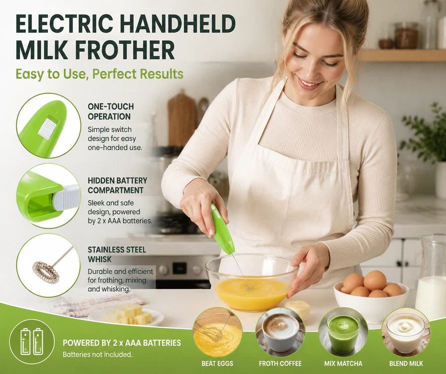 Practical Handheld Mini Electric Whisk, Stainless Steel Stirring Tool For Kitchen & Drinks, White