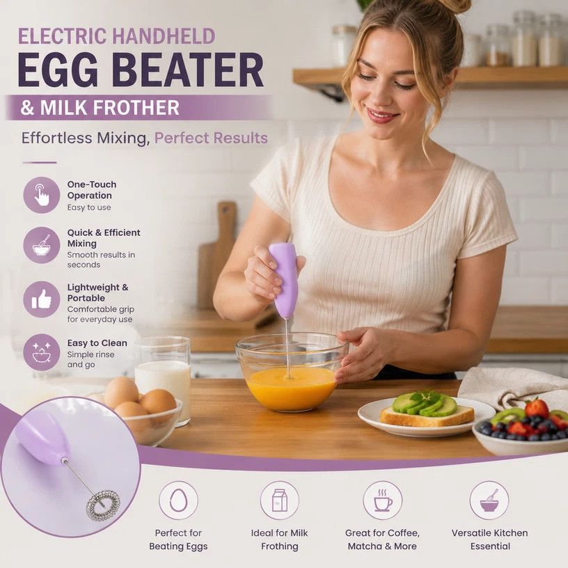 Durable Home Electric Egg Beater, All-Round Stainless Steel Mixer For Coffee Milk Tea Making, Black
