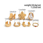 Modern Multi-Piece Floral Ring Collection, Luxe Pearl & Crystal Inlaid Stackable Finger Jewellery, Light Gold, 7 Pack