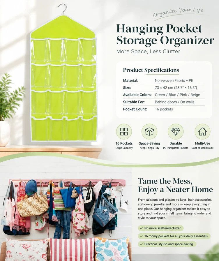 Clear Visible Hanging Storage Organiser, 16 Compartment Divider Bag For Underwear & Socks, Green