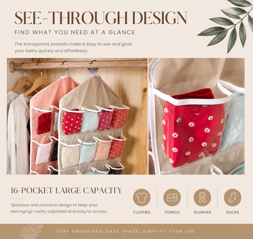 See-Through 16 Grid Hanging Storage Caddy, Separate Organiser Pouch For Socks Underwear, Rose Red