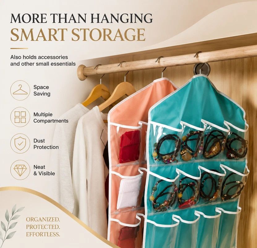 See-Through 16 Grid Hanging Storage Caddy, Separate Organiser Pouch For Socks Underwear, Rose Red