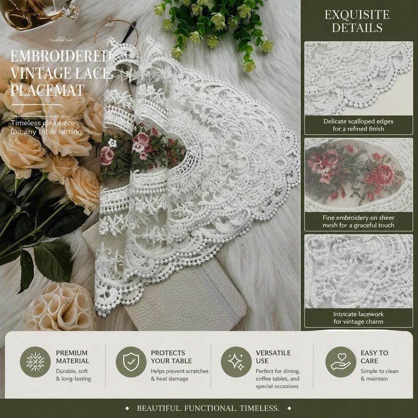 Vintage Lace Embroidered Placemat, Purple, Size S 21*27CM