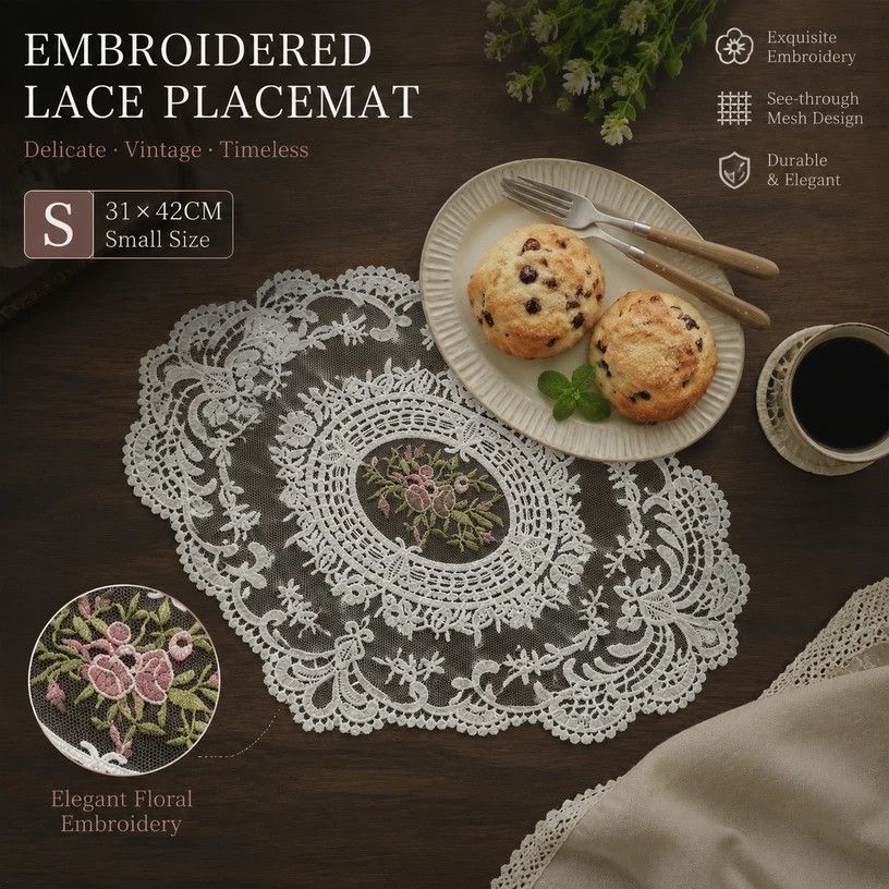 Delicate Ruffled Embroidery Table Mat Combo, Apricot Off White, Size L 31*42CM, 2 Pcs