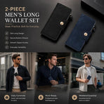 Two-Tone Solid Long Men Wallet 2 Pcs Set, Magnetic Multi-Card Hand Clutch, Portable Daily Money Clip, Versatile Gifting Choice, Black & Blue