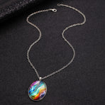 Retro Oval Cabochon Glass Alloy Necklace, Silver Tone Plating, Ideal Birthday Present For Date Night Outing
