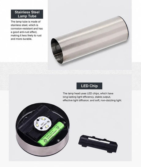 Short silver stainless steel cylinder solar LED lawn light, cool white, cool white LED glow on a garden path