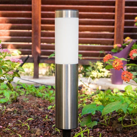 Short silver stainless steel cylinder solar LED lawn light, cool white, image 6