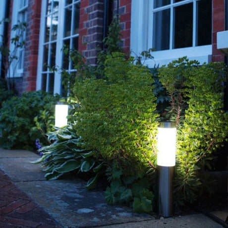 Short silver stainless steel cylinder solar LED lawn light, cool white, image 7