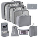 Suitcase Clothing Storage Pouches For Travel, 9 Pcs Organizer Set With Hanging Wash Bag & Makeup Bag, Grey, Practical Family Travel Gift