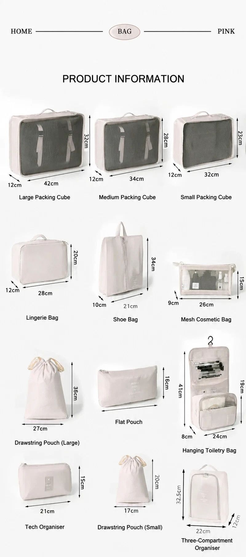 Portable Luggage Garment Pouches For Travel, 9 Pcs Organizer Kit Including Double Drawstring Sacks & Makeup Bag, Beige, Lovely Travel Gift