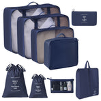 Multi-Purpose Travel Packing Bags, 9 Pcs Storage Set With Dual Drawstring Pouches & Cosmetic Pouch, Navy Blue, Great Overseas Travel Gift