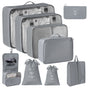 Travel Clothing Sorting Pouches, 9 Pcs Packing Kit Equipped With Dual Drawstring Bags & Hanging Toiletry Pouch, Grey, Perfect Family Vacation Gift