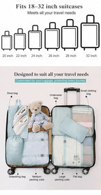 Portable Luggage Sorting Pouches For Travel, 8 Pcs Packing Set Including Double Drawstring Sacks, Navy Blue, Ideal Short Vacation Gift