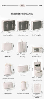 Travel Clothing Sorting Organizer Kit, 8 Pcs Luggage Pouches Equipped With Dual Drawstring Sacks, Pink, Thoughtful Traveller Present