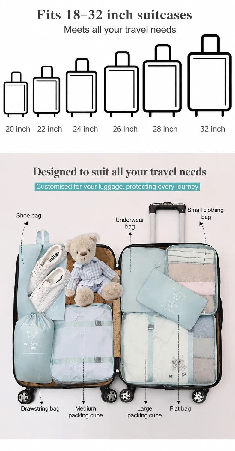 Travel Clothing Sorting Organizer Kit, 8 Pcs Luggage Pouches Equipped With Dual Drawstring Sacks, Pink, Thoughtful Traveller Present