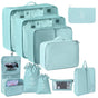 Multi-Size Suitcase Garment Storage Pouches, 10 Pcs Travel Kit Including Double Drawstring Sacks, Makeup Bag & Hanging Wash Pouch, Light Blue, Premium Vacation Gift