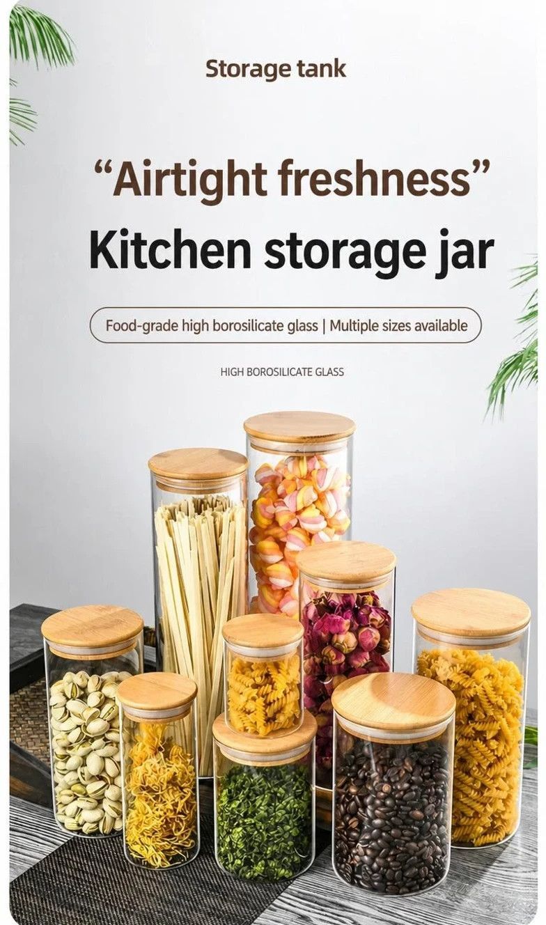 Airtight Transparent Glass Canister, Bamboo Lid Kitchen Ingredient Storage Jar, 8cm*12cm, 500ml, Elegant Kitchen Gift