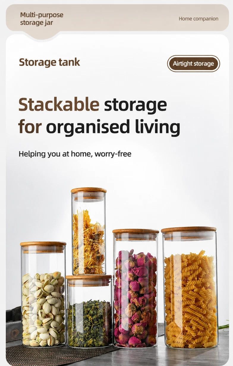 Airtight Large Glass Food Canister, Bamboo Lid Kitchen Ingredient Container, 10cm*15cm, 1000ml, Practical Kitchen Gift