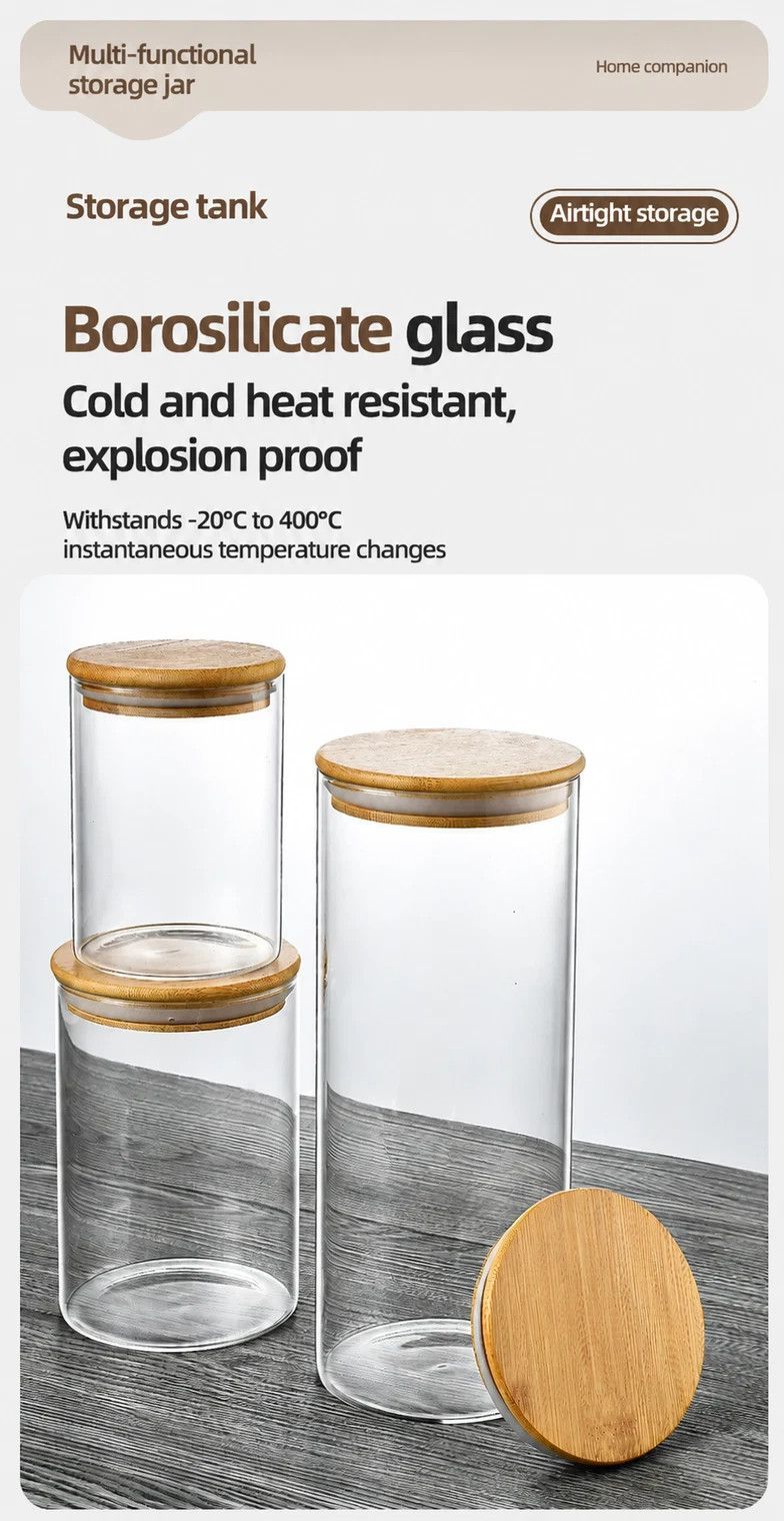 Big Capacity Airtight Glass Canister, Bamboo Lid Transparent Kitchen Storage Jar, 10cm*20cm, 1400ml, Stylish Household Gift